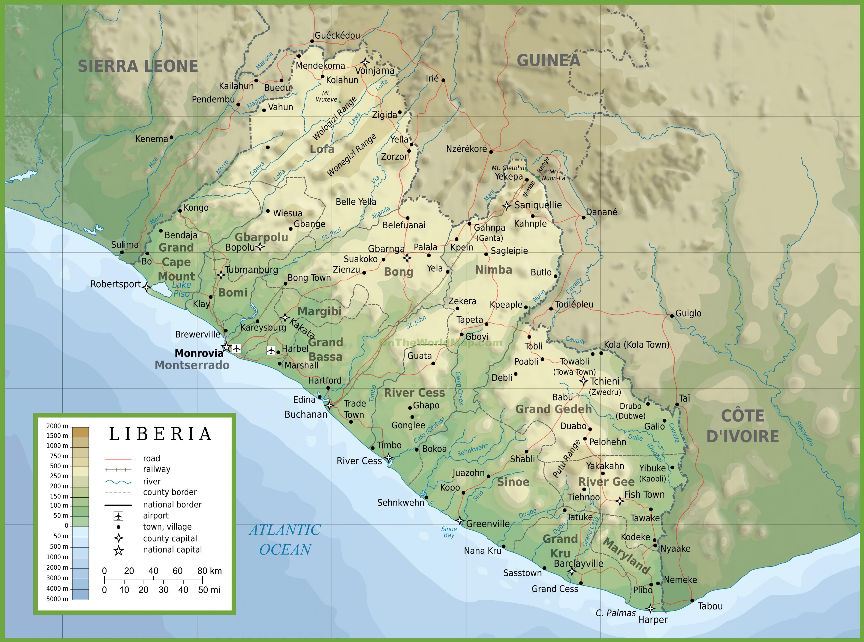 Physical map of Liberia - Draw the physical map of Liberia (Western ...